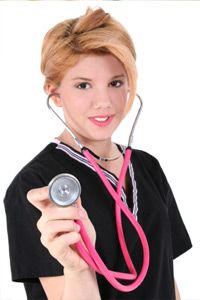 Beautiful teen girl dressed in nursing home volunteer help uniform. Shot with the Canon 20D.