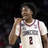 Connecticut guard Tristen Newton celebrates after scoring against San Diego State during the first half of the men's national championship college basketball game in the NCAA Tournament on Monday, April 3, 2023, in Houston. 

