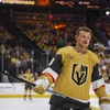 Vegas Golden Knights center Jack Eichel (9) warms up before Game 4 of an NHL hockey Stanley Cup first-round playoff series against the Dallas Stars at T-Mobile arena Monday, April 29, 2024.