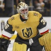 Vegas Golden Knights goaltender Logan Thompson (36) warms up before Game 6 of an NHL hockey Stanley Cup first-round playoff series against the Dallas Stars at T-Mobile arena Friday, May 3, 2024.