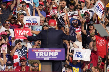 Republican presidential candidate former President Donald Trump addresses the crowd at a campaign event in Butler, Pa., on Saturday, July 13, 2024.