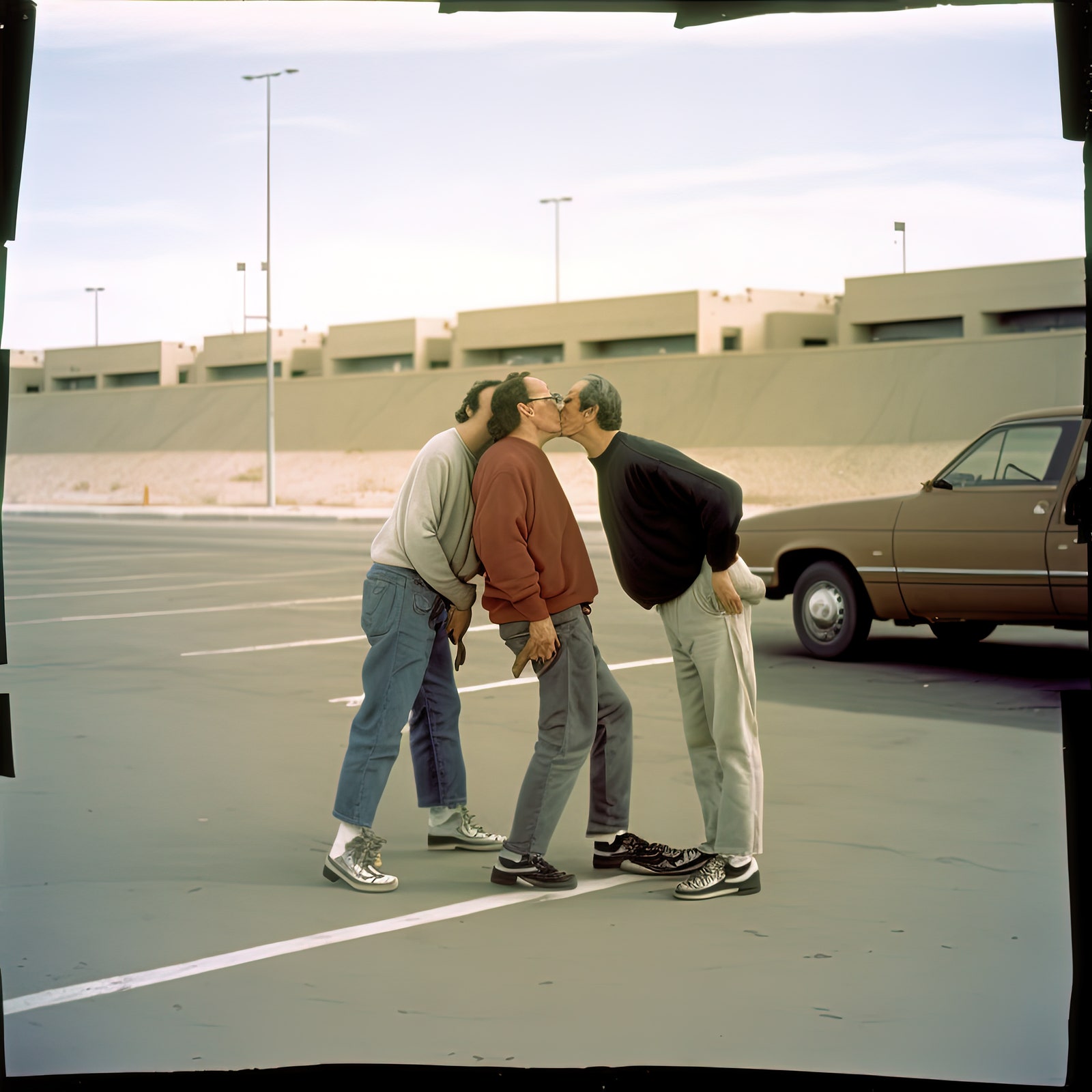 An AI image of three men kissing each other in a parking lot.