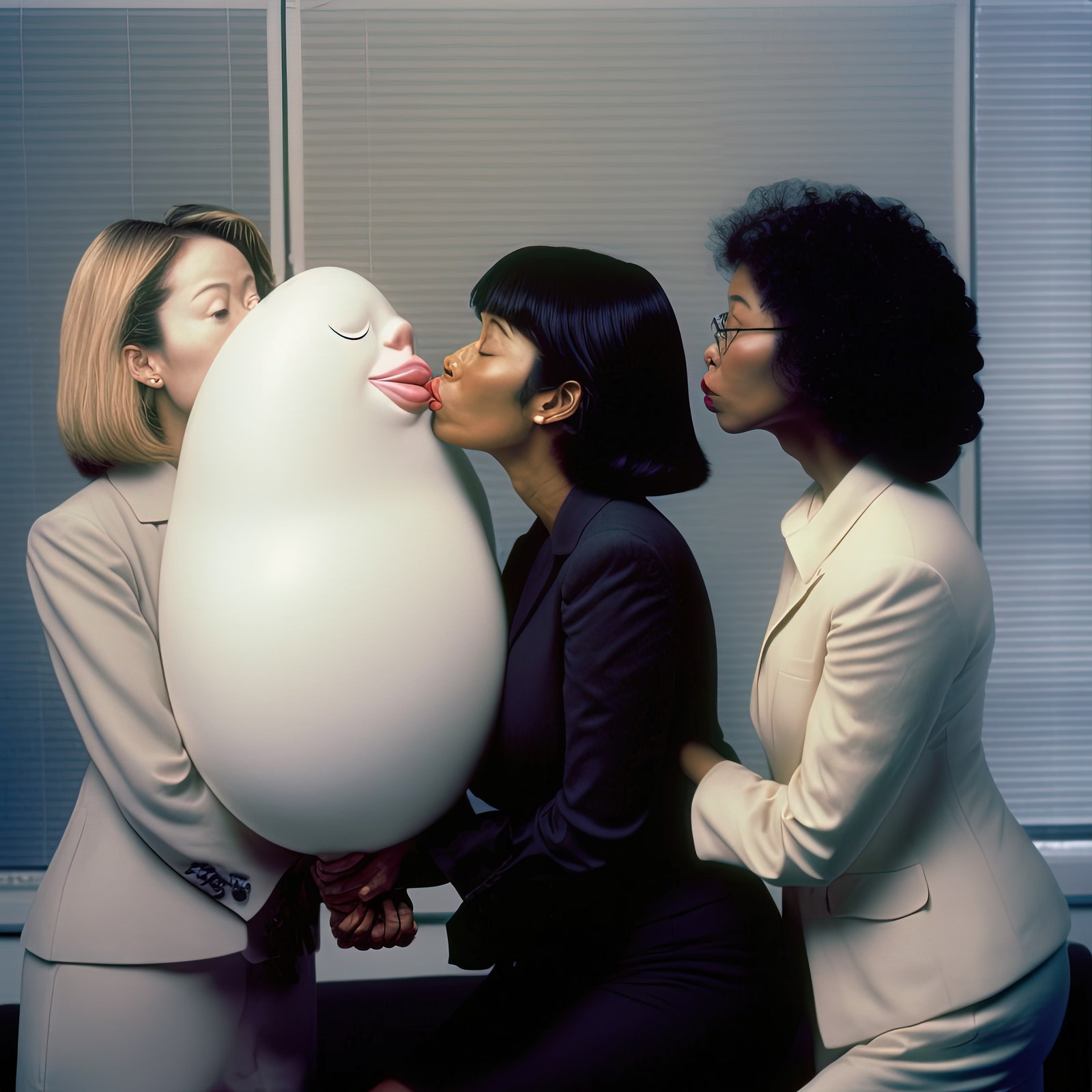 An AI image of three woman kissing a white ghost shaped doll.