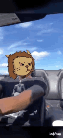 a cartoon of a cat smoking a cigarette in a car with a blue sky in the background