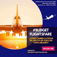 an advertisement for budget flightsfare shows a plane on the runway