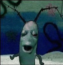 a cartoon character from spongebob squarepants is standing in the water with his eyes closed and his mouth open .