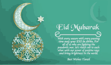 an eid mubarak card with a crescent moon and a star