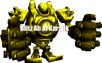 a golden robot with the words blitz ah al karank written on it