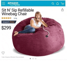 a woman is sitting on a purple bean bag chair with a hose attached to it