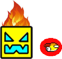 a pixel art drawing of a yellow cube with a face on it and a red circle with a fire behind it .