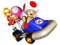 a cartoon of toad and princess toad riding a blue kart