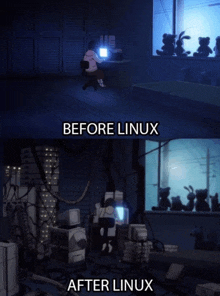 a before and after image of a computer room with the words before linux and after linux