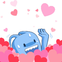 a blue monster is surrounded by pink hearts and waving