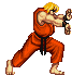 a pixel art of a karate man in red pants .