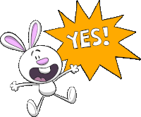 a cartoon rabbit is jumping in front of a speech bubble that says " yes "