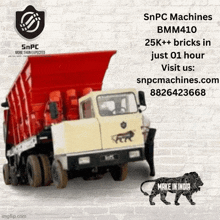 an advertisement for snpc machines shows a dump truck