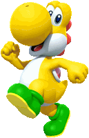 a cartoon character with a yellow body and green legs