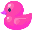 a pink rubber duck with a purple beak and a black eye .