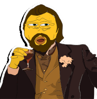 a cartoon drawing of a man with a beard and a yellow face holding a glass of wine