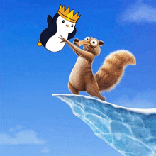 a squirrel is holding a penguin with a crown in its mouth