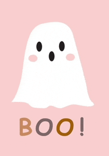 a white ghost with black eyes is on a pink background with the words boo !