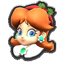 a close up of a cartoon character 's face with a holly on her head .