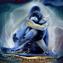 a painting of a man and woman hugging each other