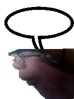 a person with glasses and a speech bubble above them