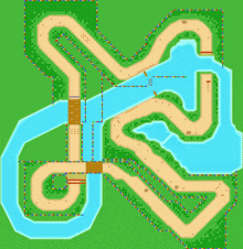 a map of a race track with a river and trees