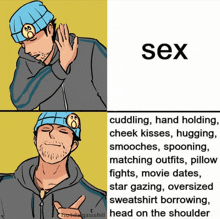 a cartoon of a man with a smiley face on his hat with the word sex on the bottom