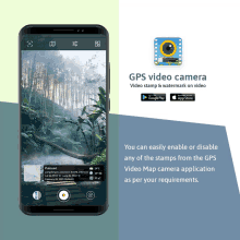 an advertisement for gps video camera shows a phone taking a picture of a forest