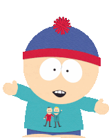 stanley from south park is wearing a blue shirt that says t and p on it