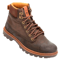 a pair of brown boots with a yellow lining and a logo on the side