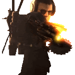 a man is holding a gun with flames coming out of it