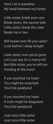 a song called here i sit in paradise my head between my hands