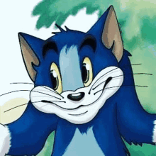 a close up of a blue cartoon cat with a white face .