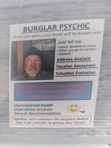 a poster for a burglar psychic with a picture of a man on it