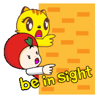 a cartoon of a girl pointing at a yellow cat with the words be in sight below her