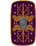 a purple and gold shield with arrows and wings on it