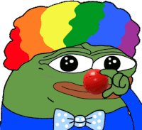 a green frog wearing a rainbow hat and a bow tie has a red nose