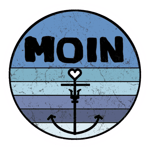 a blue circle with the word moin and an anchor in it