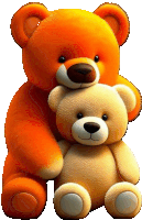 an orange teddy bear holds a brown teddy bear on its head