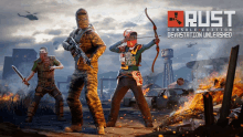 an advertisement for rust console edition disaster unleashed shows a man holding a bow and arrow