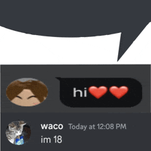 a speech bubble that says hi with two red hearts on it