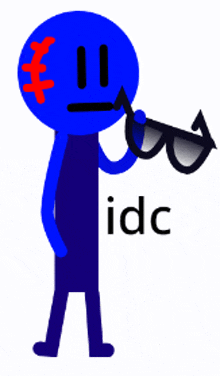 a blue stick figure is holding a pair of sunglasses and the word idc is below him