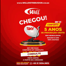 an advertisement for will chegou with a picture of a sky satellite dish on a red background