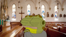 a cartoon of a frog in a church with a cross on the wall