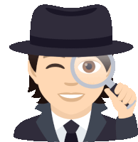 a man wearing a hat and a suit is looking through a magnifying glass