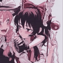 a couple of anime girls standing next to each other holding a cane .