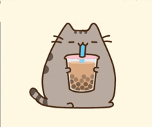 a cartoon cat drinking a cup of bubble tea with a straw